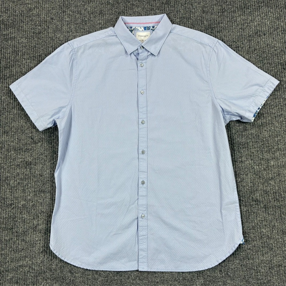 Denim & Flower Ricky Singh Mens Button Up Shirt L Blue Dot Short Sleeve Floral